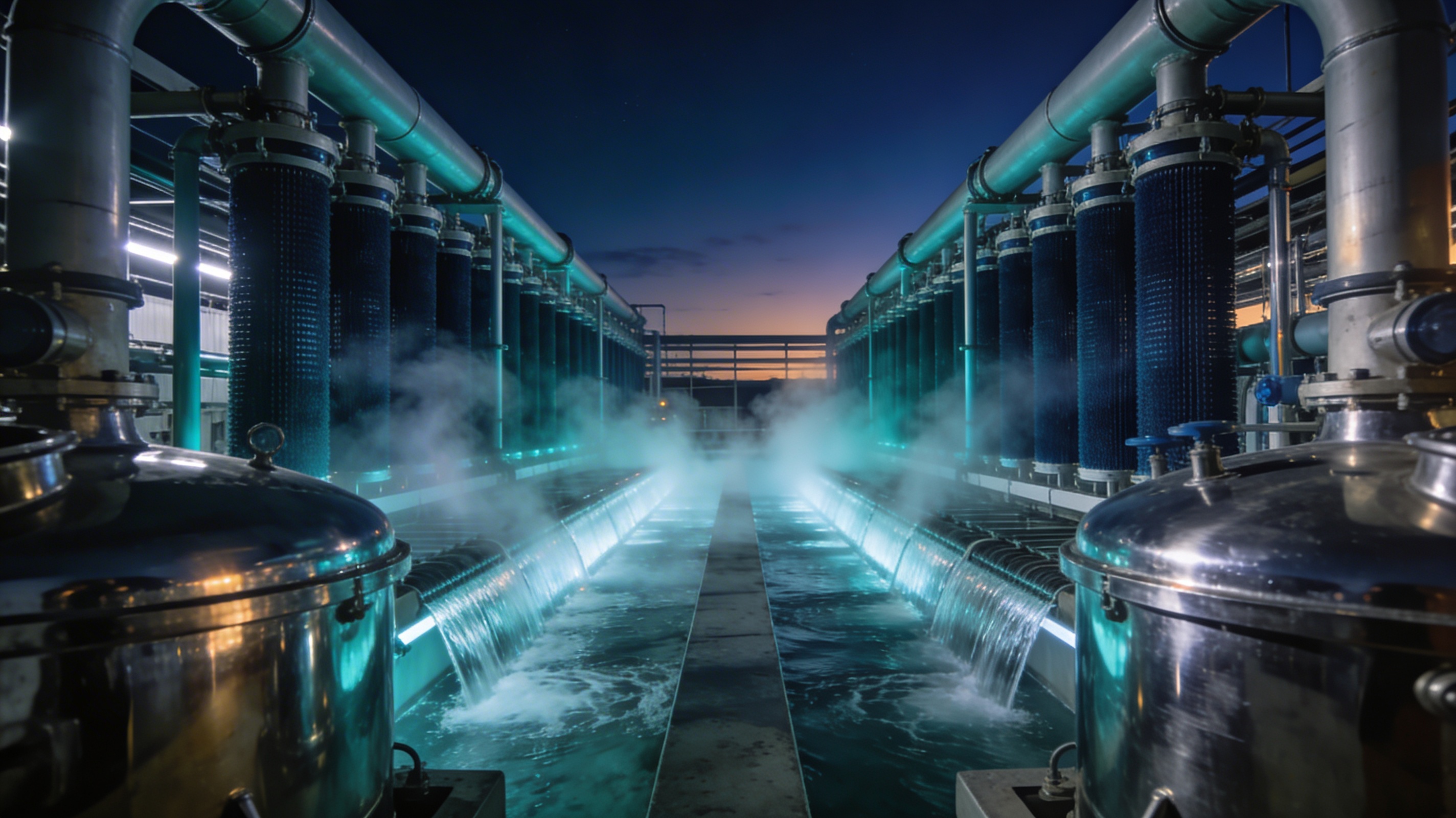 Modern water treatment facility at dusk